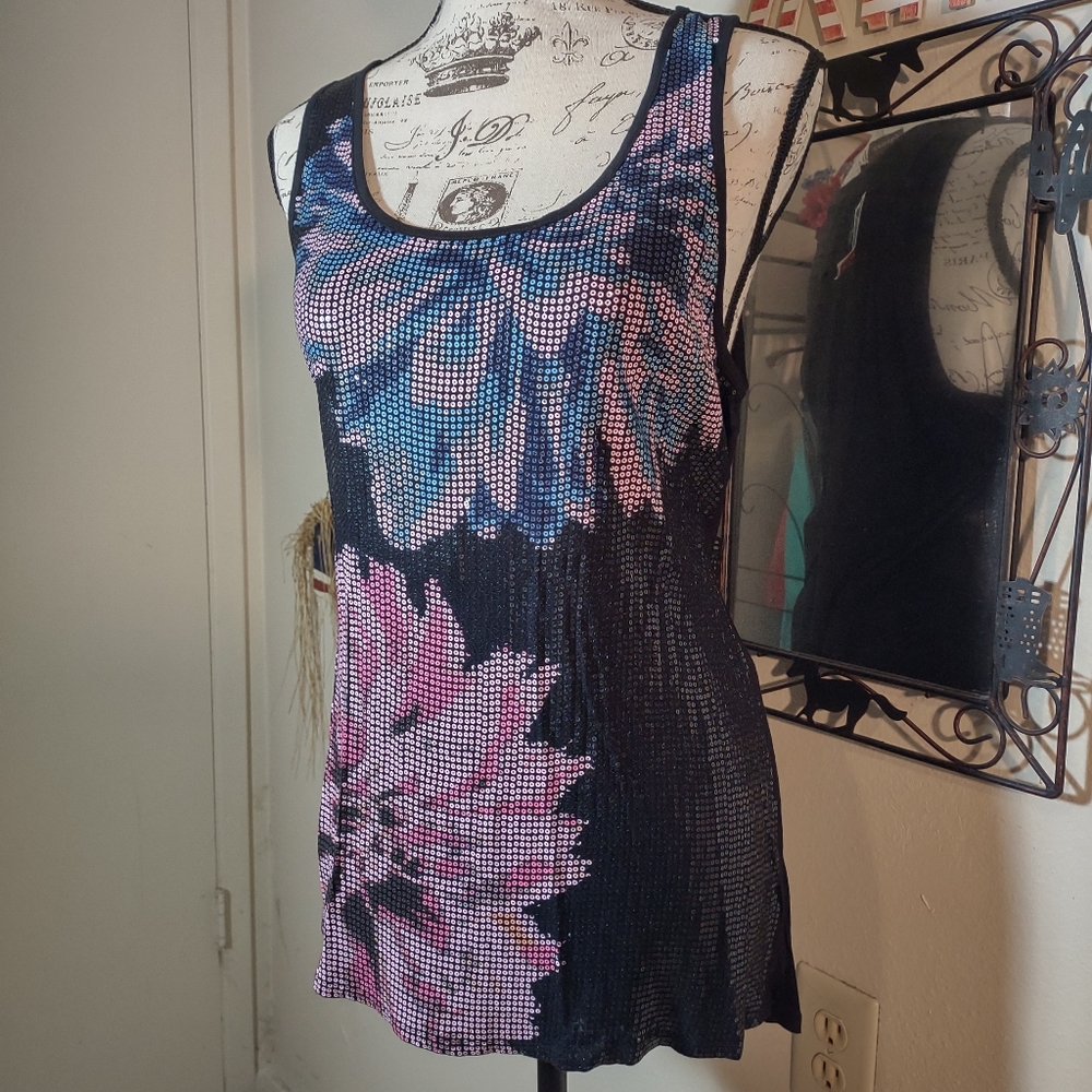 "Crosby." Women's size L sequined sleeveless tank top, NWT, black t-shirt